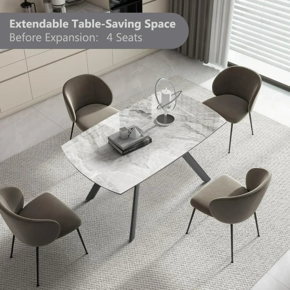 Dining Table 6-8 Seat Stone Kitchen Table,  55.1'' to 82.7'' Gray Glossy Tabletop)
