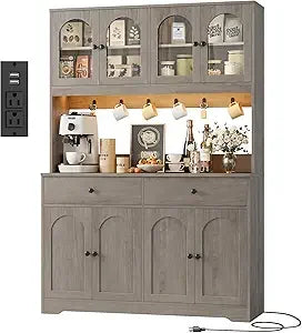 Large LED-lit Kitchen Pantry Cabinet with Power Outlet, Storage Hutch with Arched Door, Shelves, and 2 Drawers