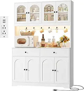 Large LED-lit Kitchen Pantry Cabinet with Power Outlet, Storage Hutch with Arched Door, Shelves, and 2 Drawers