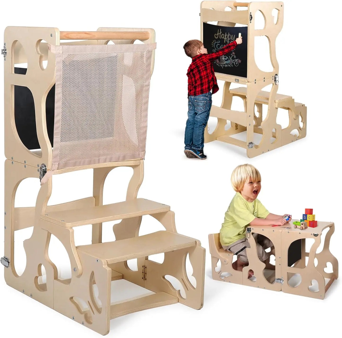 Kitchen Stool Helper for Toddlers, with Chalkboard and Backrest,