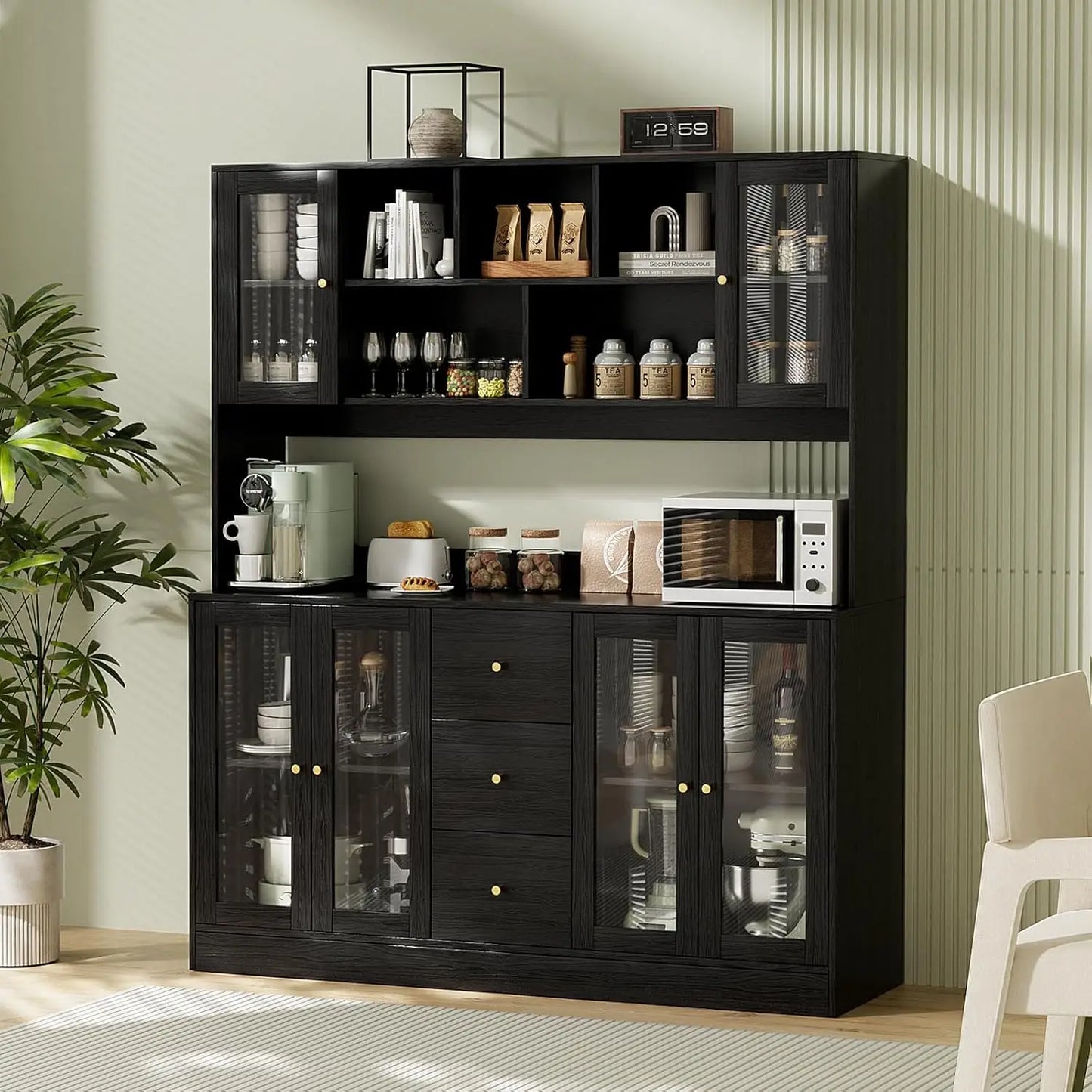 Kitchen Pantry Storage Cabinet with 6 Glass Doors, 3 Drawers & Microwave Shelf