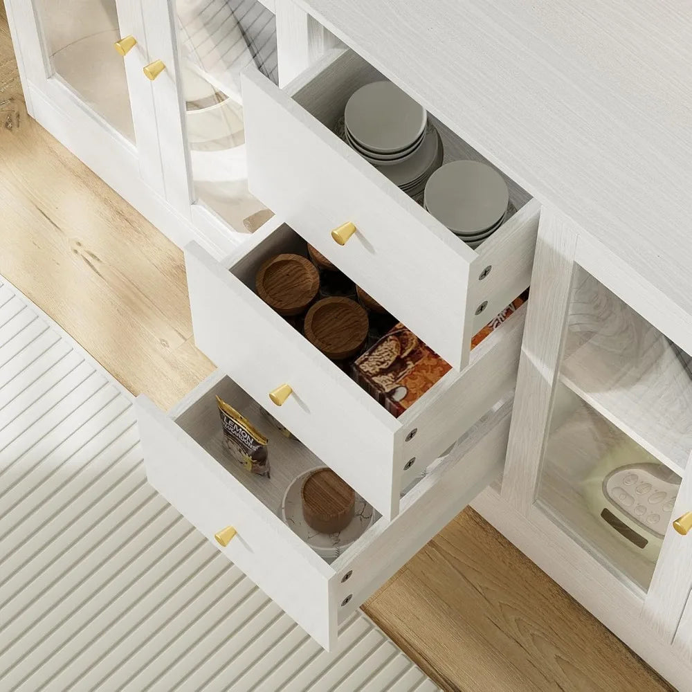 Kitchen Pantry Storage Cabinet with 6 Glass Doors, 3 Drawers & Microwave Shelf