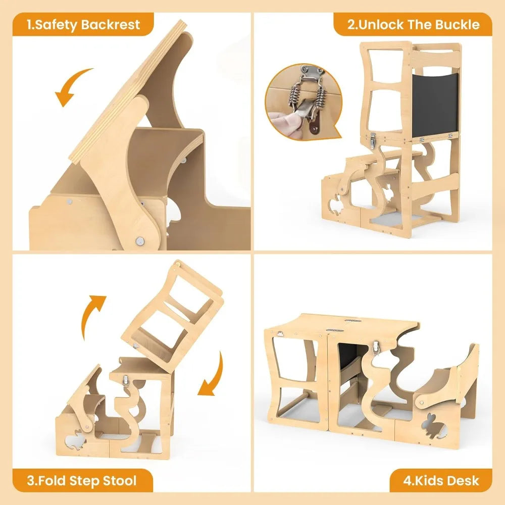 Kitchen Stool Helper for Toddlers, with Chalkboard and Backrest,