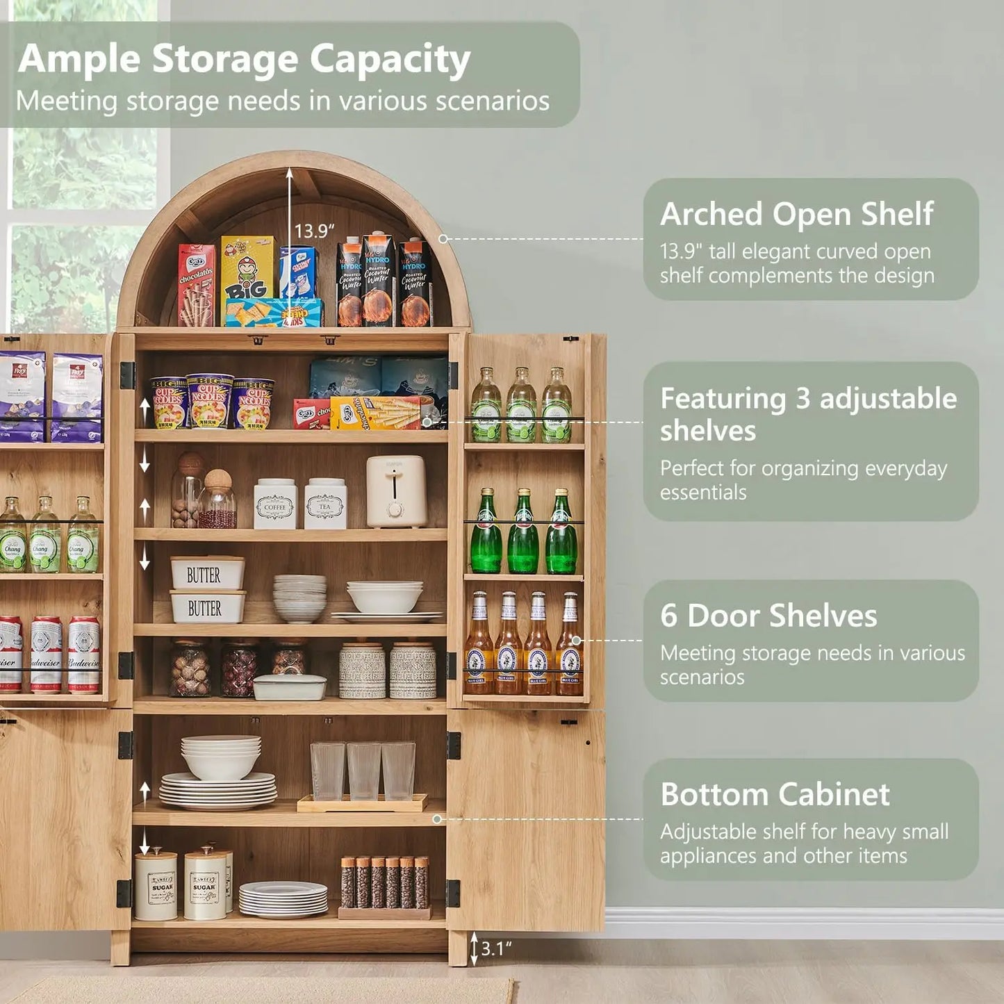 "71" Natural Fluted Kitchen Pantry Cabinet w/ Arched Doors, Storage Organizer for Kitchen or Bath