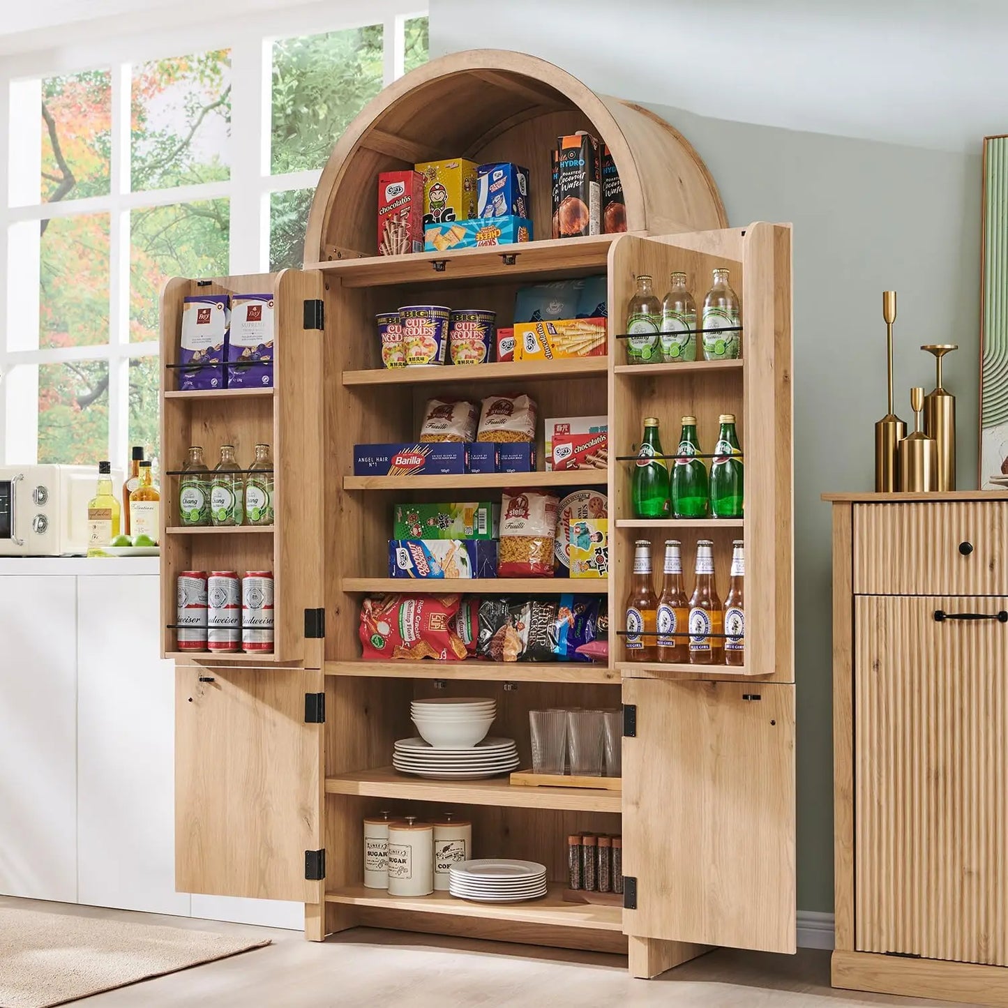 "71" Natural Fluted Kitchen Pantry Cabinet w/ Arched Doors, Storage Organizer for Kitchen or Bath