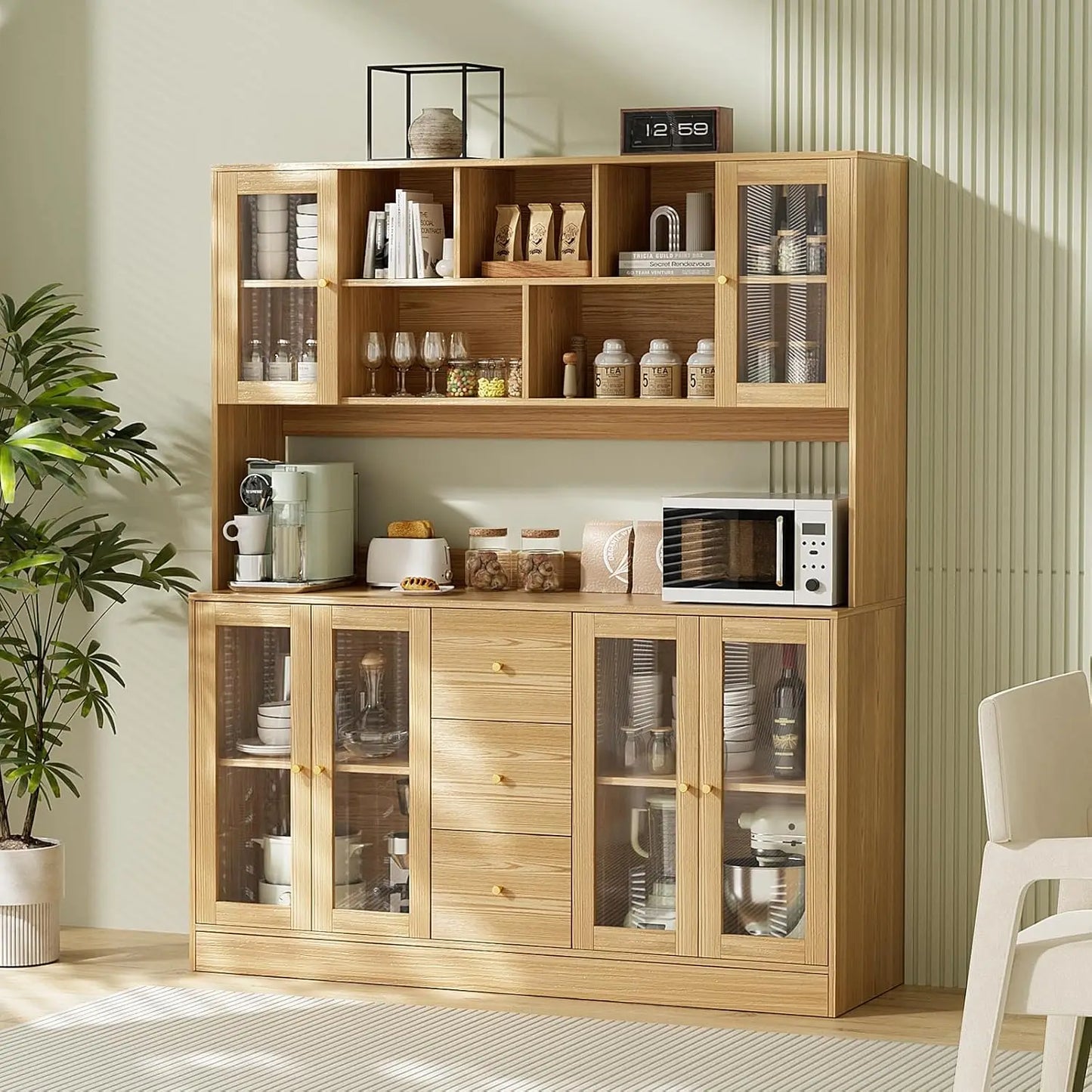 Kitchen Pantry Storage Cabinet with 6 Glass Doors, 3 Drawers & Microwave Shelf