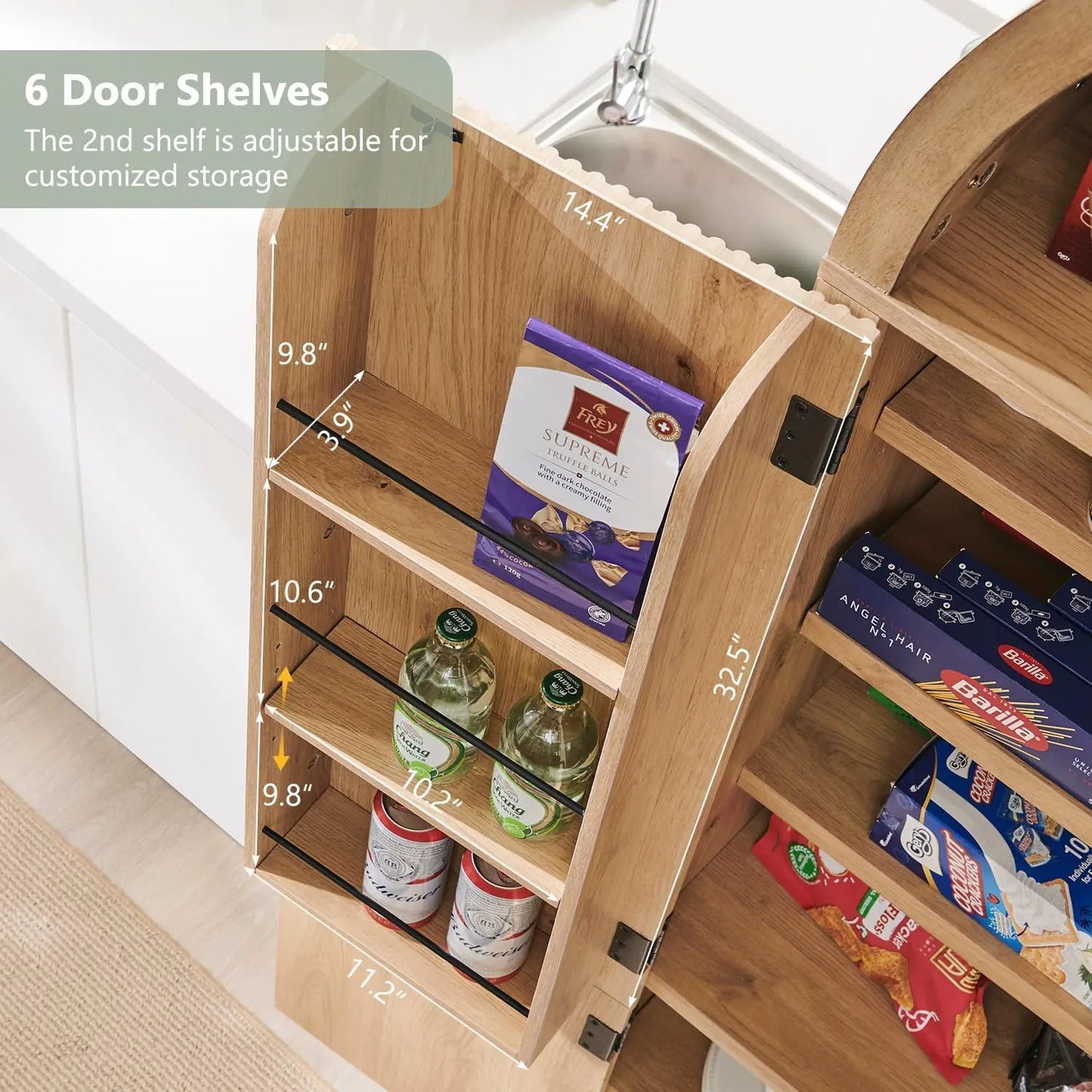 "71" Natural Fluted Kitchen Pantry Cabinet w/ Arched Doors, Storage Organizer for Kitchen or Bath