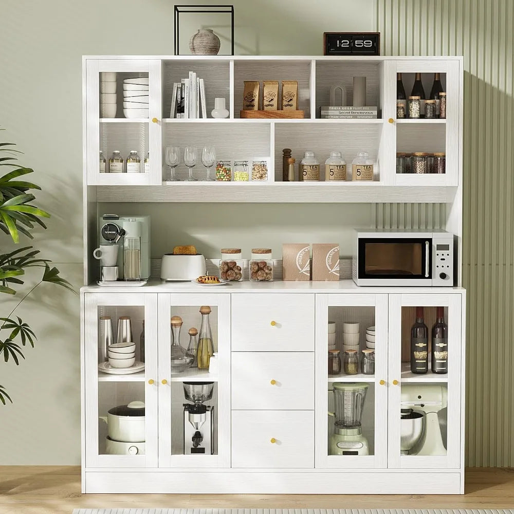 Kitchen Pantry Storage Cabinet with 6 Glass Doors, 3 Drawers & Microwave Shelf