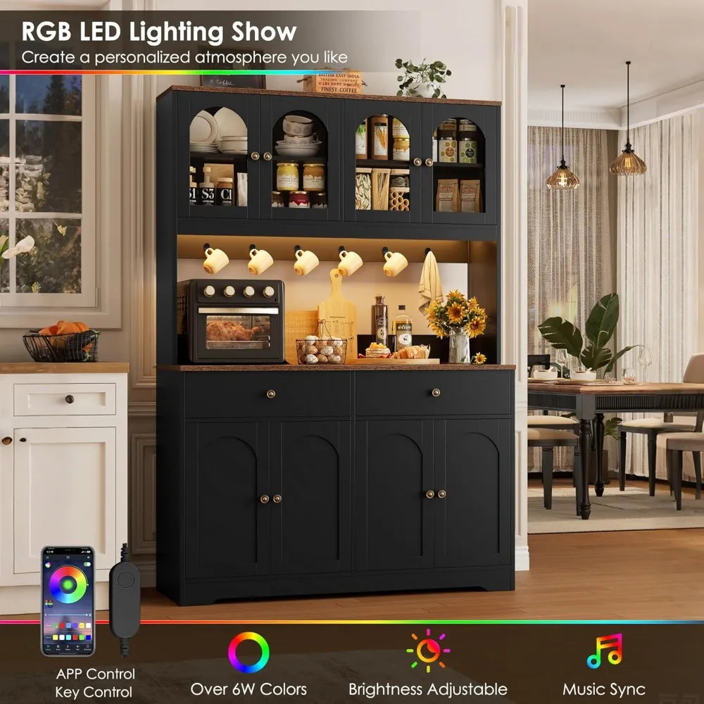 Large LED-lit Kitchen Pantry Cabinet with Power Outlet, Storage Hutch with Arched Door, Shelves, and 2 Drawers