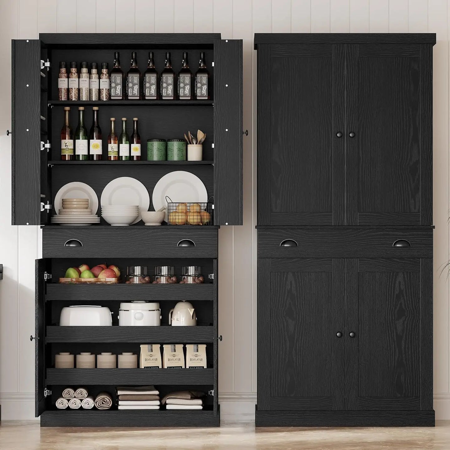 Kitchen Pantry Cabinet 72" Height,
Cupboard with Drawer, and 6 Hanging Shelves for Dining Room