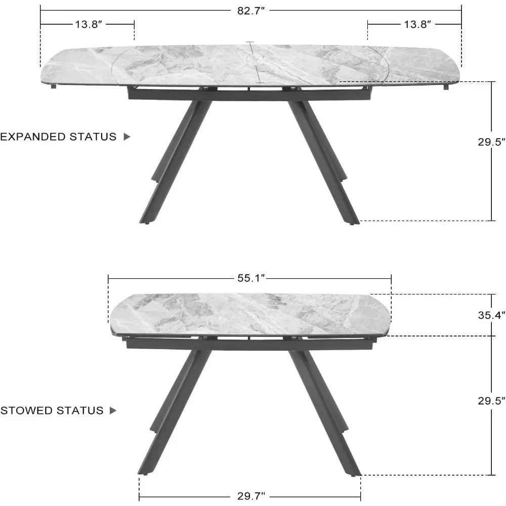 Dining Table 6-8 Seat Stone Kitchen Table,  55.1'' to 82.7'' Gray Glossy Tabletop)