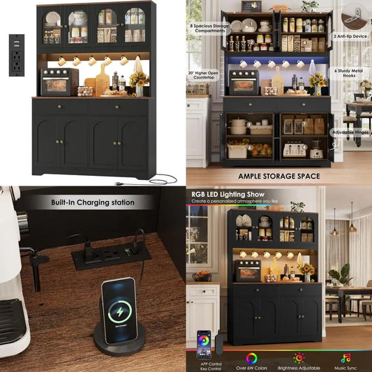 Large LED-lit Kitchen Pantry Cabinet with Power Outlet, Storage Hutch with Arched Door, Shelves, and 2 Drawers