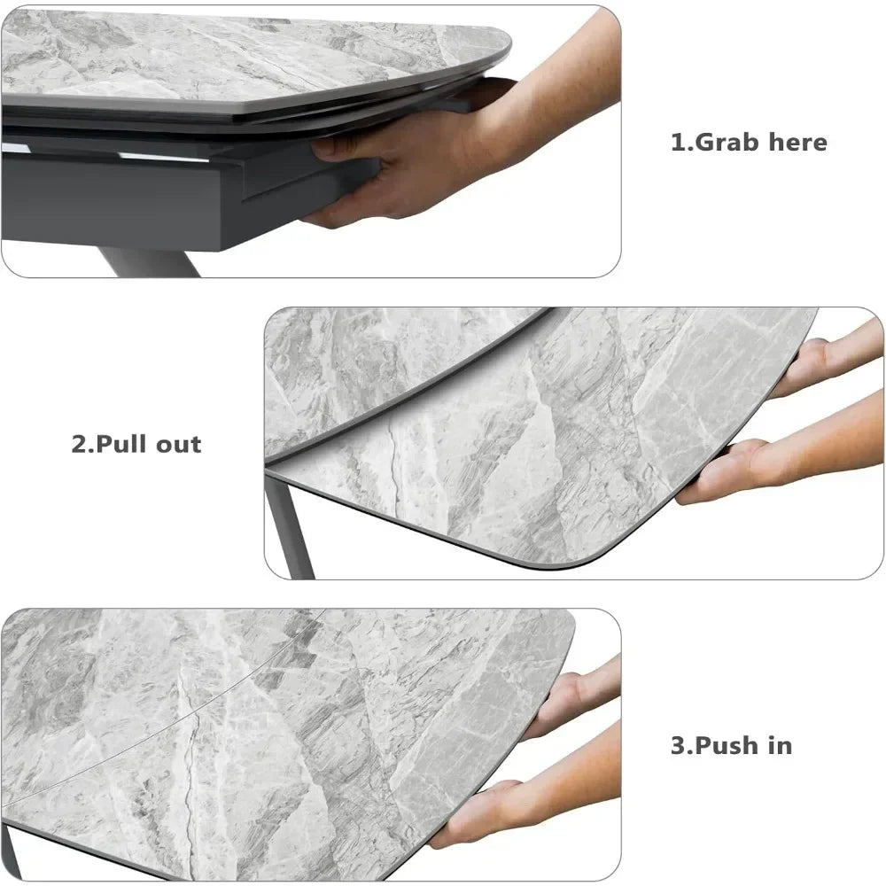 Dining Table 6-8 Seat Stone Kitchen Table,  55.1'' to 82.7'' Gray Glossy Tabletop)