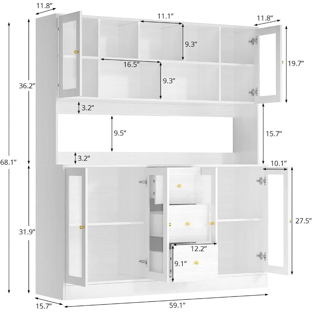 Kitchen Pantry Storage Cabinet with 6 Glass Doors, 3 Drawers & Microwave Shelf