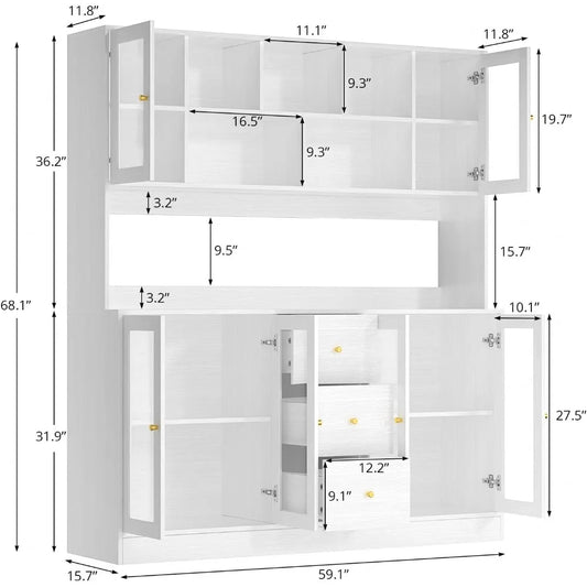 Kitchen Pantry Storage Cabinet with 6 Glass Doors, 3 Drawers & Microwave Shelf