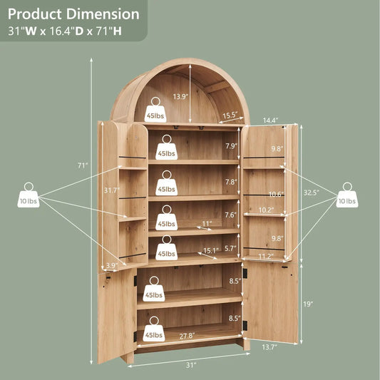 "71" Natural Fluted Kitchen Pantry Cabinet w/ Arched Doors, Storage Organizer for Kitchen or Bath