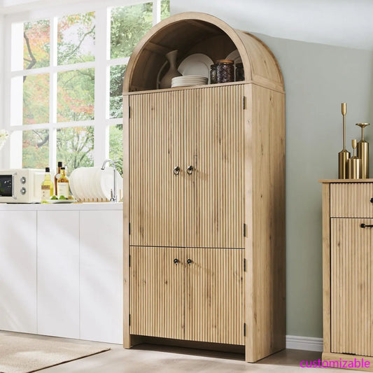 "71" Natural Fluted Kitchen Pantry Cabinet w/ Arched Doors, Storage Organizer for Kitchen or Bath