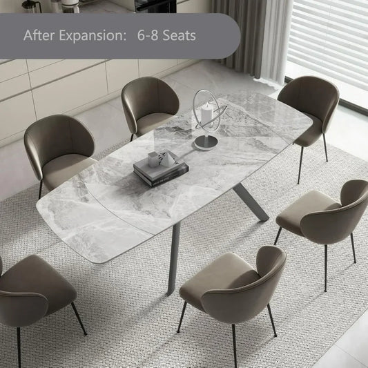 Dining Table 6-8 Seat Stone Kitchen Table,  55.1'' to 82.7'' Gray Glossy Tabletop)