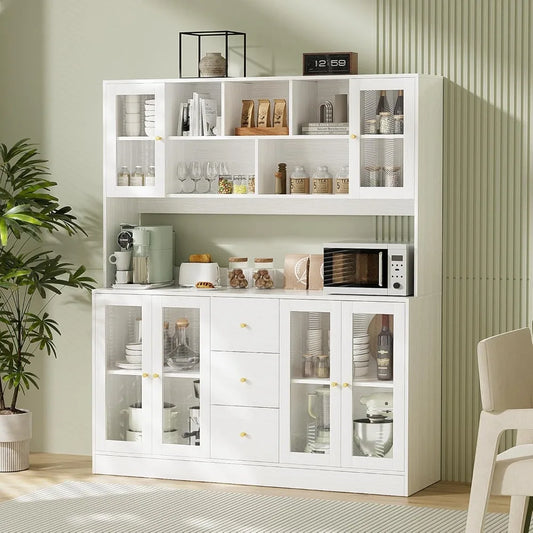 Kitchen Pantry Storage Cabinet with 6 Glass Doors, 3 Drawers & Microwave Shelf