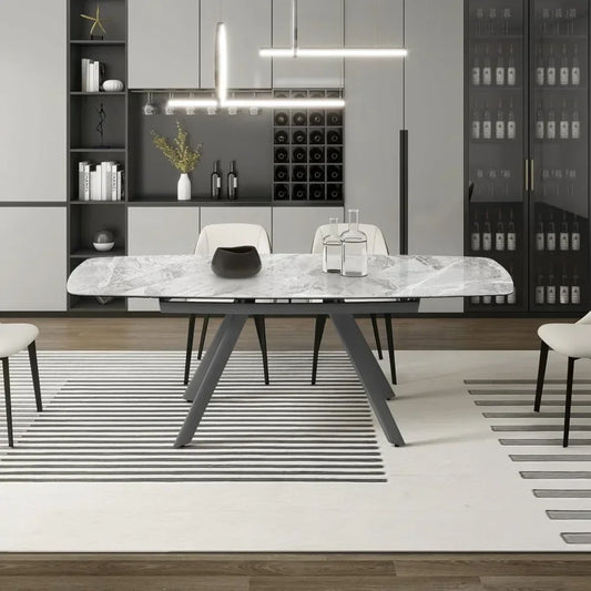 Dining Table 6-8 Seat Stone Kitchen Table,  55.1'' to 82.7'' Gray Glossy Tabletop)