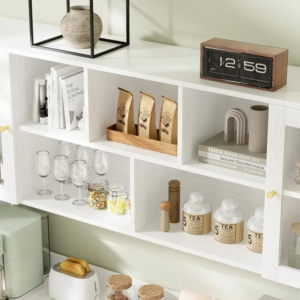 Kitchen Pantry Storage Cabinet with 6 Glass Doors, 3 Drawers & Microwave Shelf