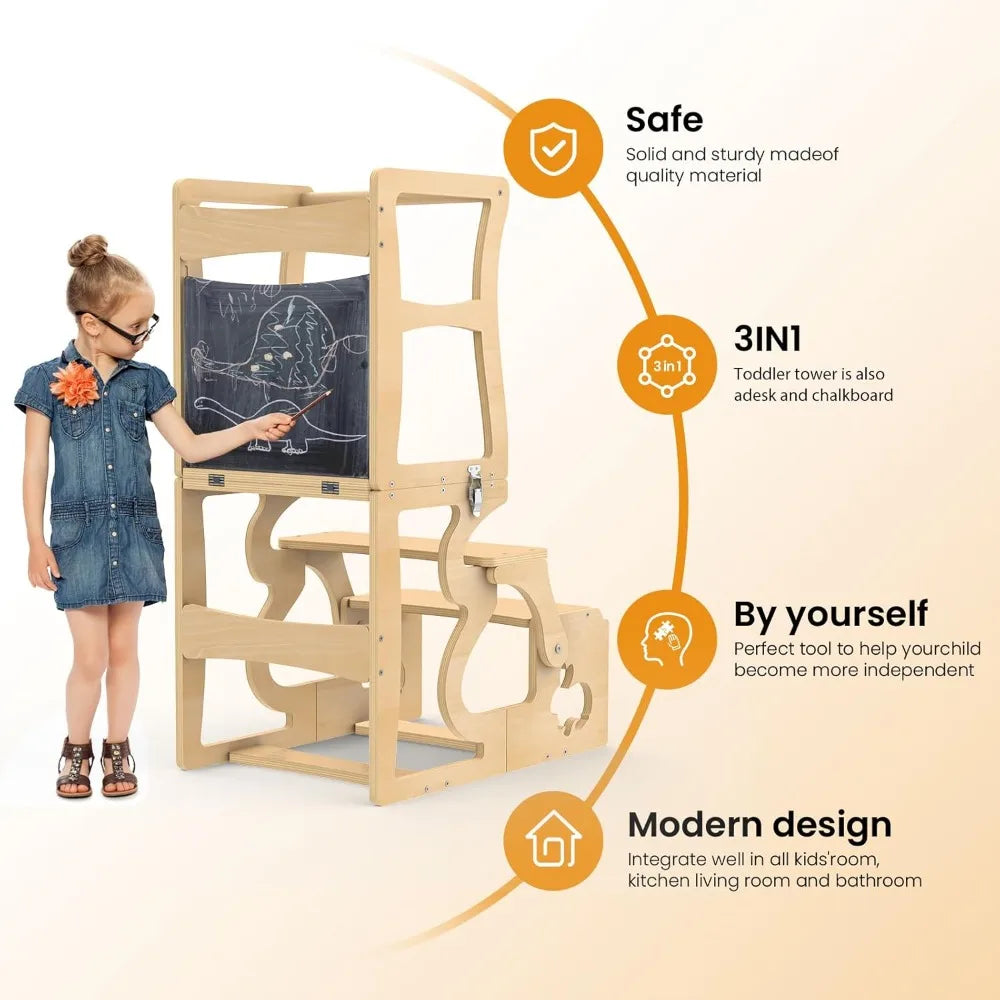 Kitchen Stool Helper for Toddlers, with Chalkboard and Backrest,