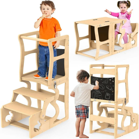Kitchen Stool Helper for Toddlers, with Chalkboard and Backrest,