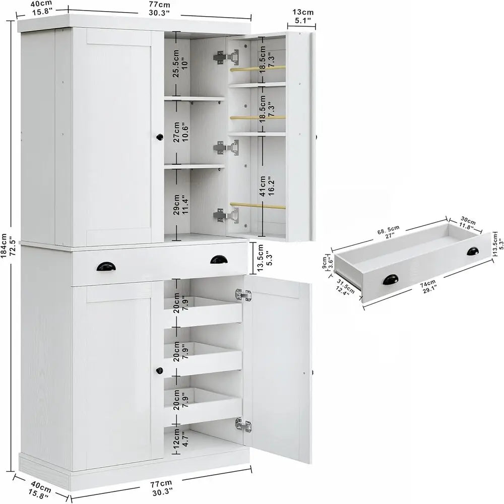Kitchen Pantry Cabinet 72" Height,
Cupboard with Drawer, and 6 Hanging Shelves for Dining Room
