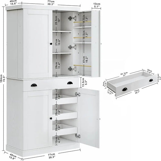 Kitchen Pantry Cabinet 72" Height,
Cupboard with Drawer, and 6 Hanging Shelves for Dining Room