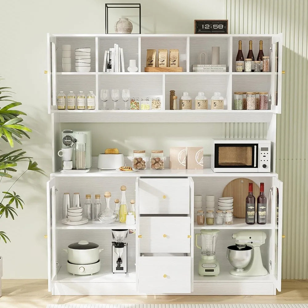 Kitchen Pantry Storage Cabinet with 6 Glass Doors, 3 Drawers & Microwave Shelf