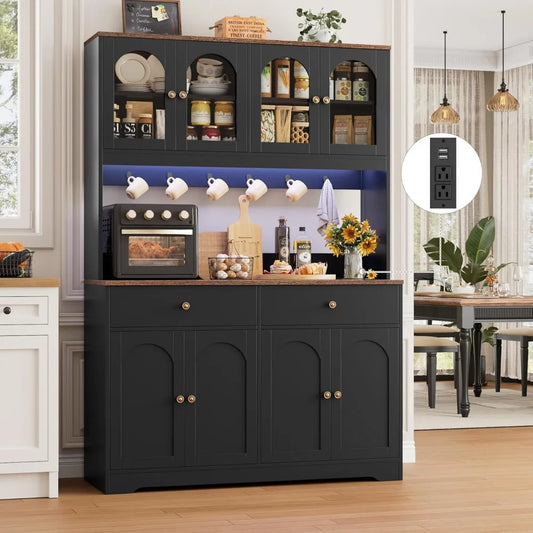 Large LED-lit Kitchen Pantry Cabinet with Power Outlet, Storage Hutch with Arched Door, Shelves, and 2 Drawers
