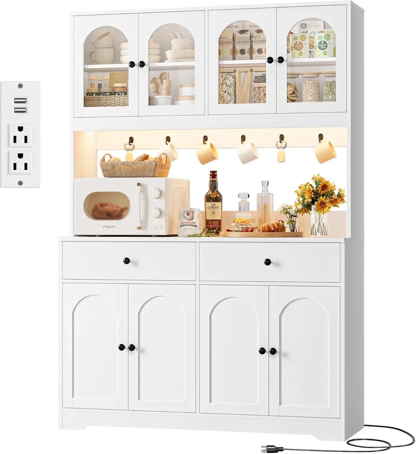 Large LED-lit Kitchen Pantry Cabinet with Power Outlet, Storage Hutch with Arched Door, Shelves, and 2 Drawers