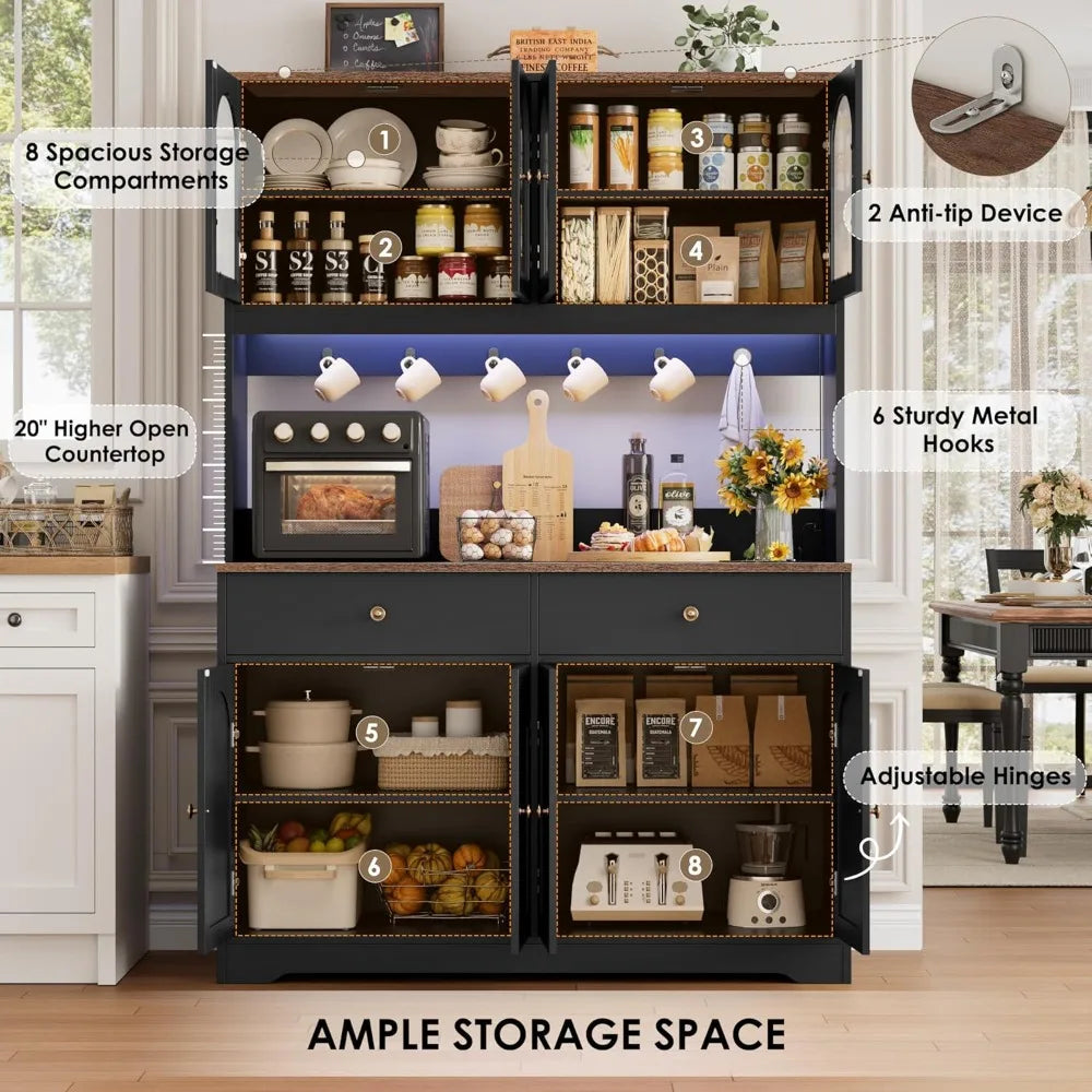 Large LED-lit Kitchen Pantry Cabinet with Power Outlet, Storage Hutch with Arched Door, Shelves, and 2 Drawers