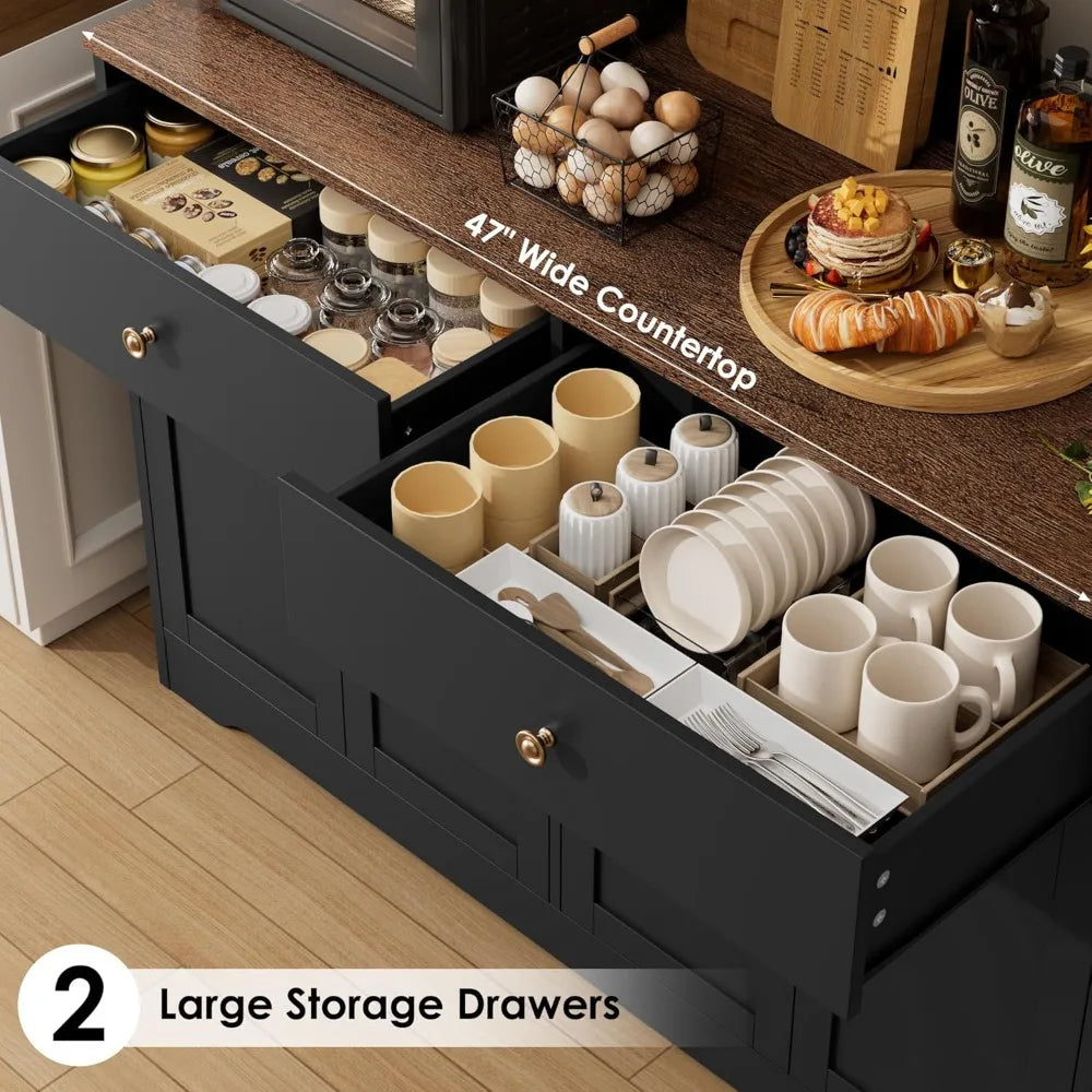 Large LED-lit Kitchen Pantry Cabinet with Power Outlet, Storage Hutch with Arched Door, Shelves, and 2 Drawers