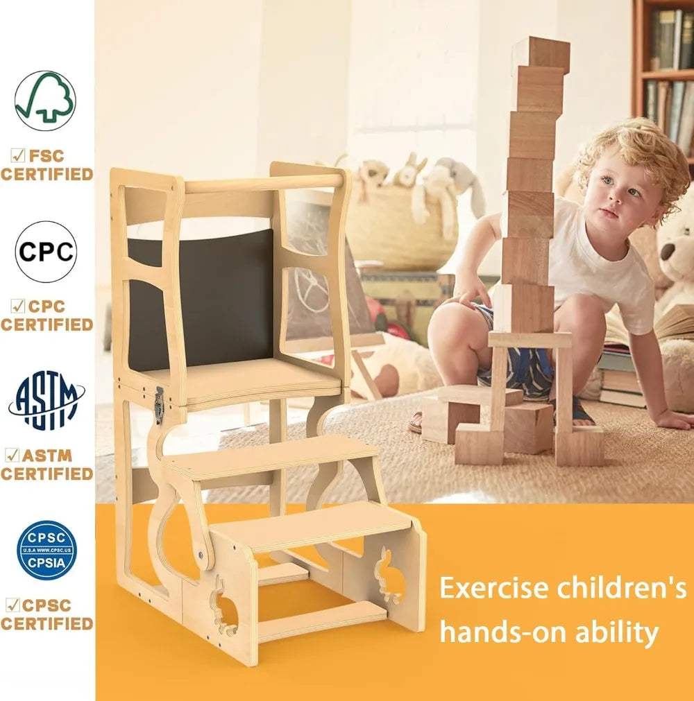 Kitchen Stool Helper for Toddlers, with Chalkboard and Backrest,