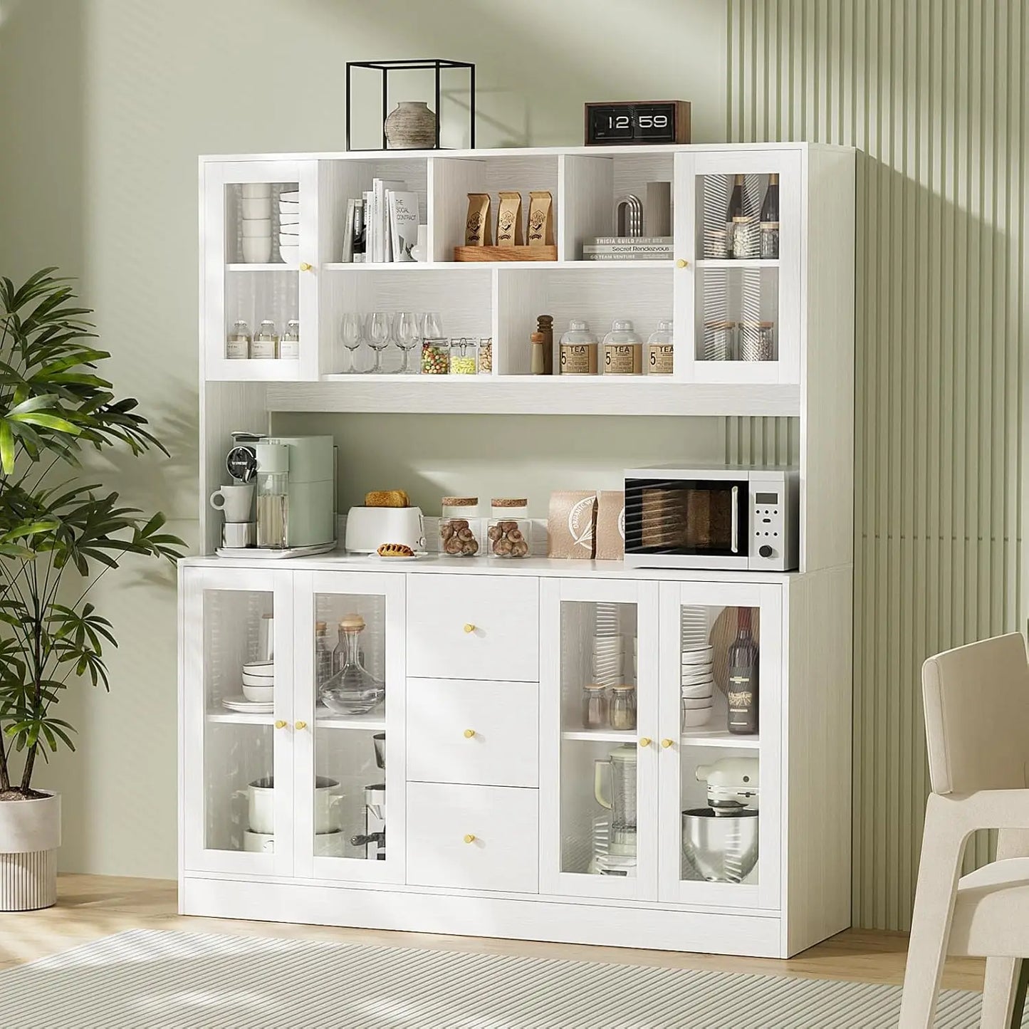 Kitchen Pantry Storage Cabinet with 6 Glass Doors, 3 Drawers & Microwave Shelf