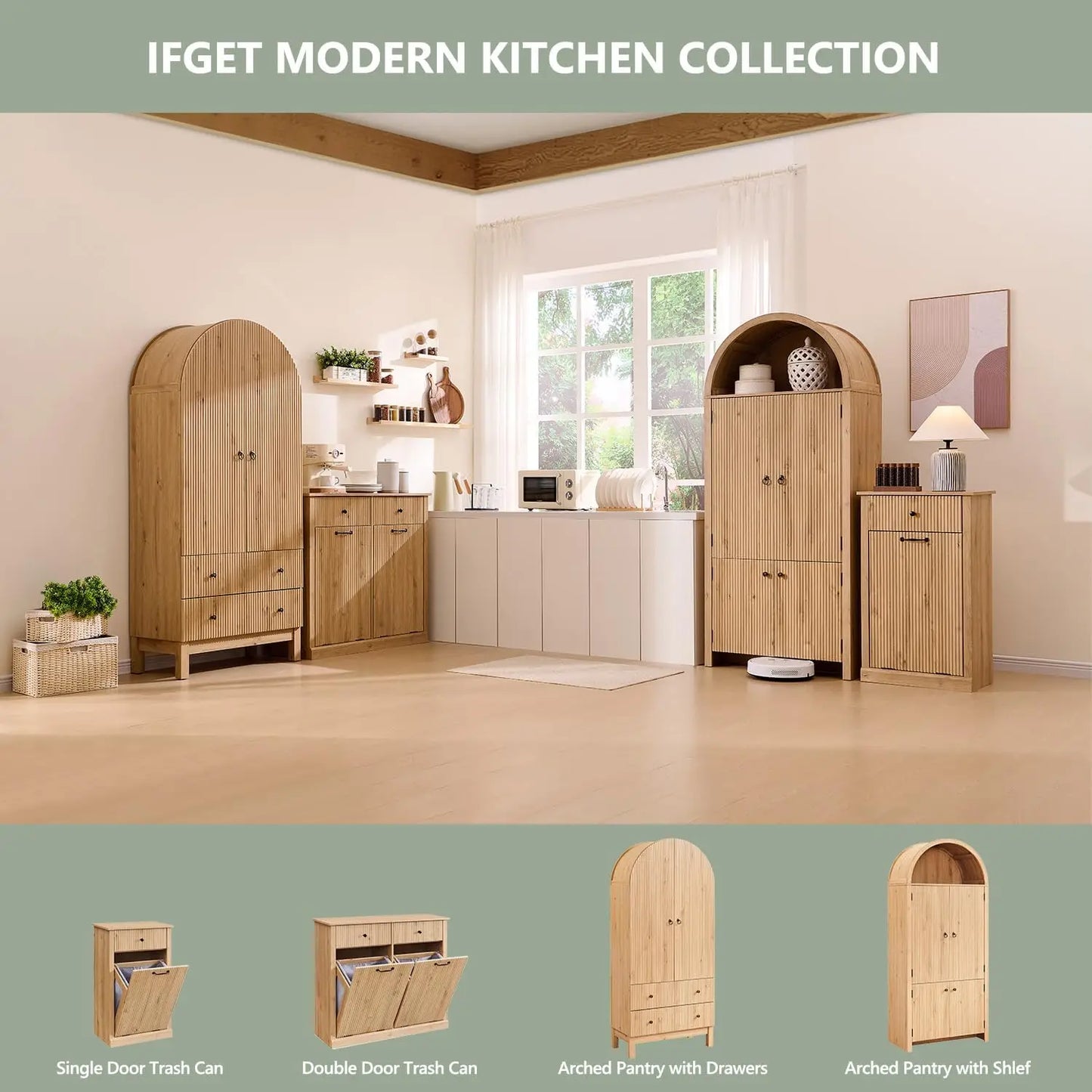 "71" Natural Fluted Kitchen Pantry Cabinet w/ Arched Doors, Storage Organizer for Kitchen or Bath